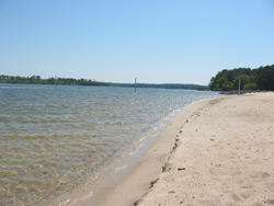 the shoreline of the swimming beach